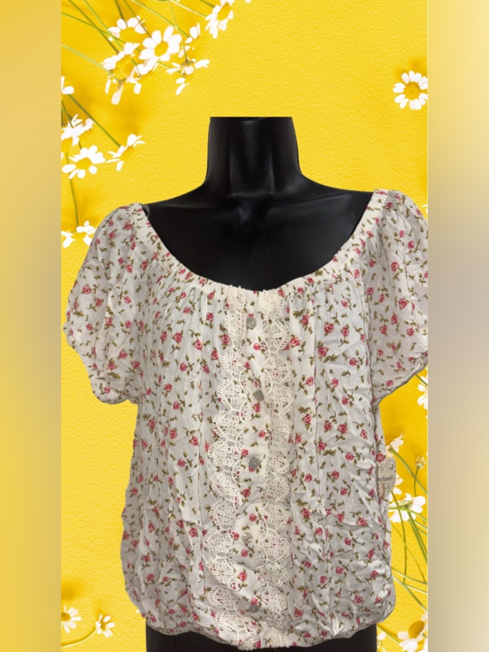 Floral Lace-Trim Peasant Top - Cream with Pink Roses ⭐️NWT⭐️